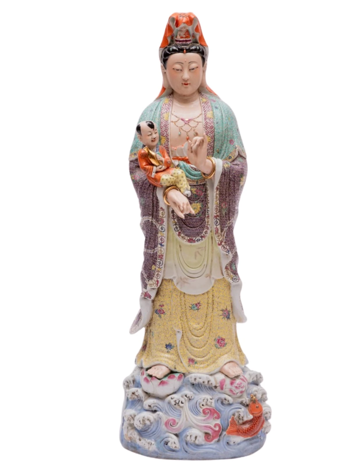 تمثال صيني من الخزف الوردي لعائلة غوانيين وسودانا