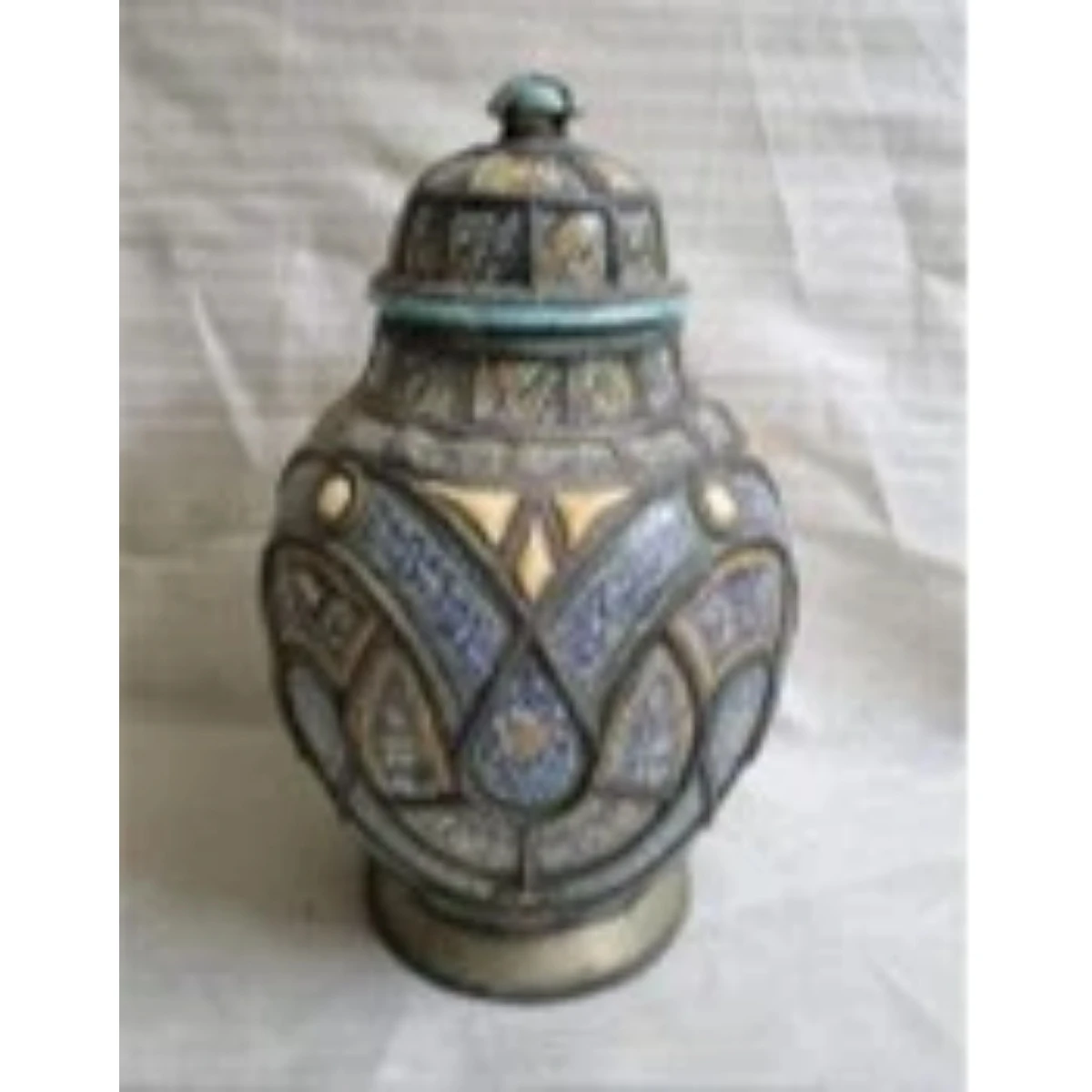 Metal mounted Polychrome lidded Jar