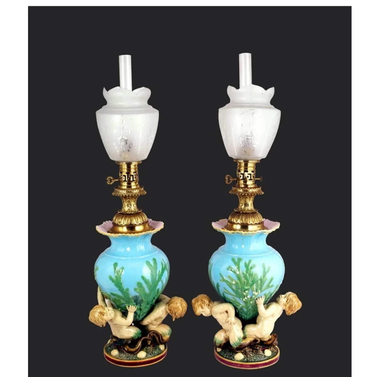 Large Pair of Ceramic Gas Lamps