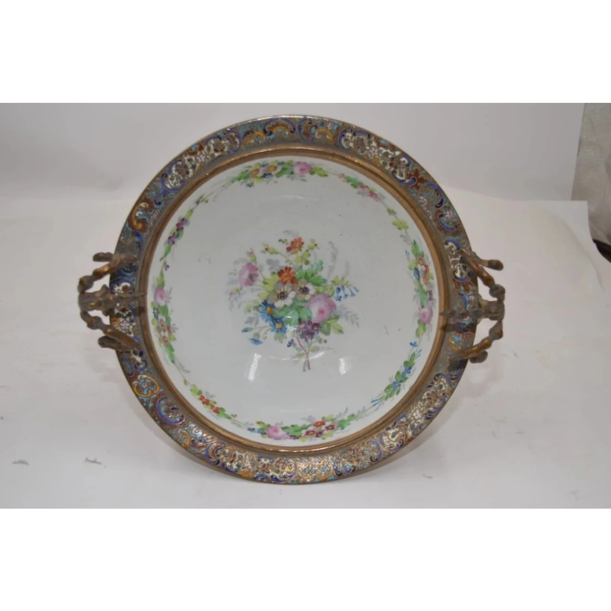 Lot of Sèvres-Style Cloisonné-Mounted Porcelain Vase and Centrepiece