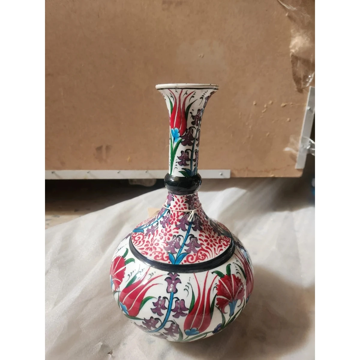 Polychrome ceramic Fluted neck vase
