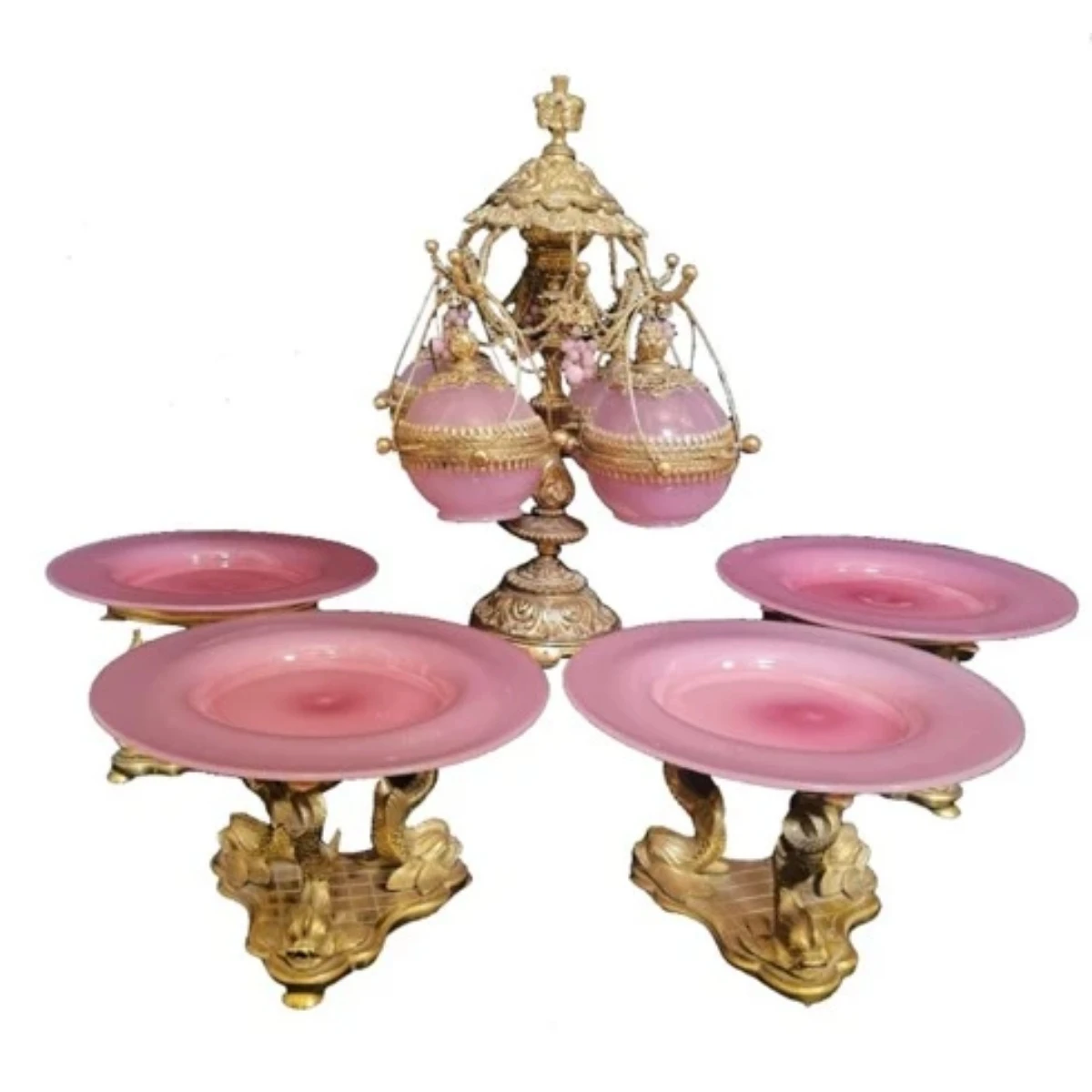 Set of Pink Opaline Plates with Gilded Bronze Dolphin bases