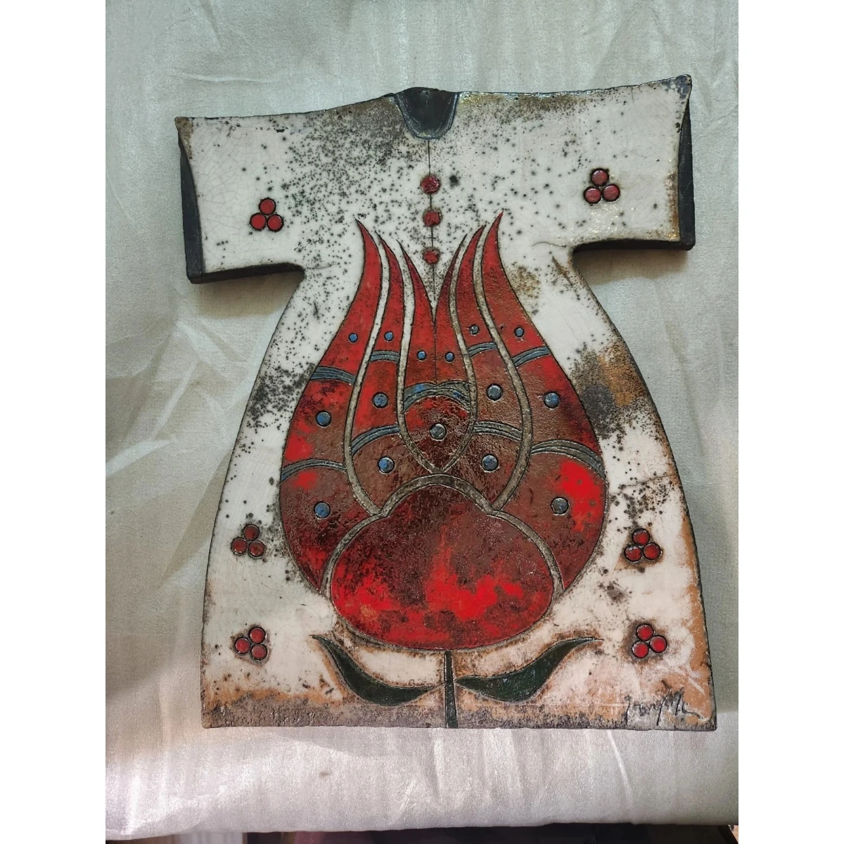 kaftan shaped, Japanese Raku technique earthenware tile