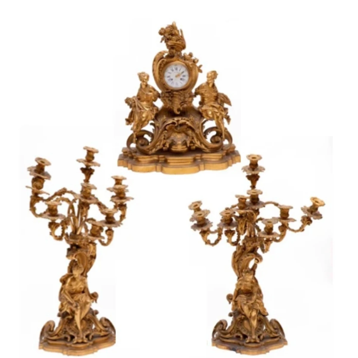 Set of Three Pieces, A Garniture Clock and Pair of Candelabras