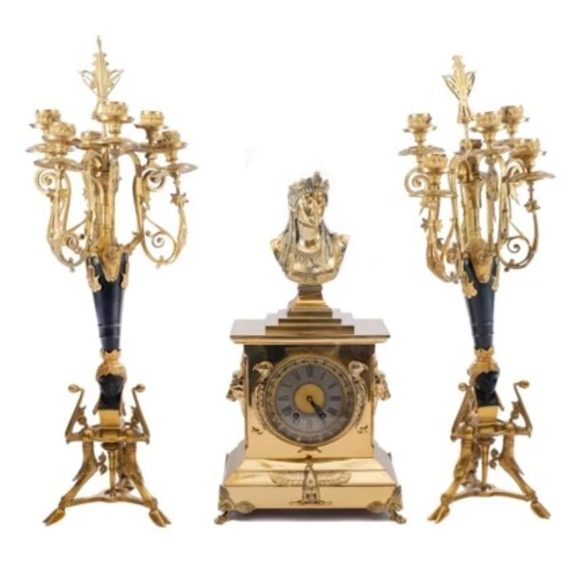 Gilded Bronze set of Clock and a pair of Candles