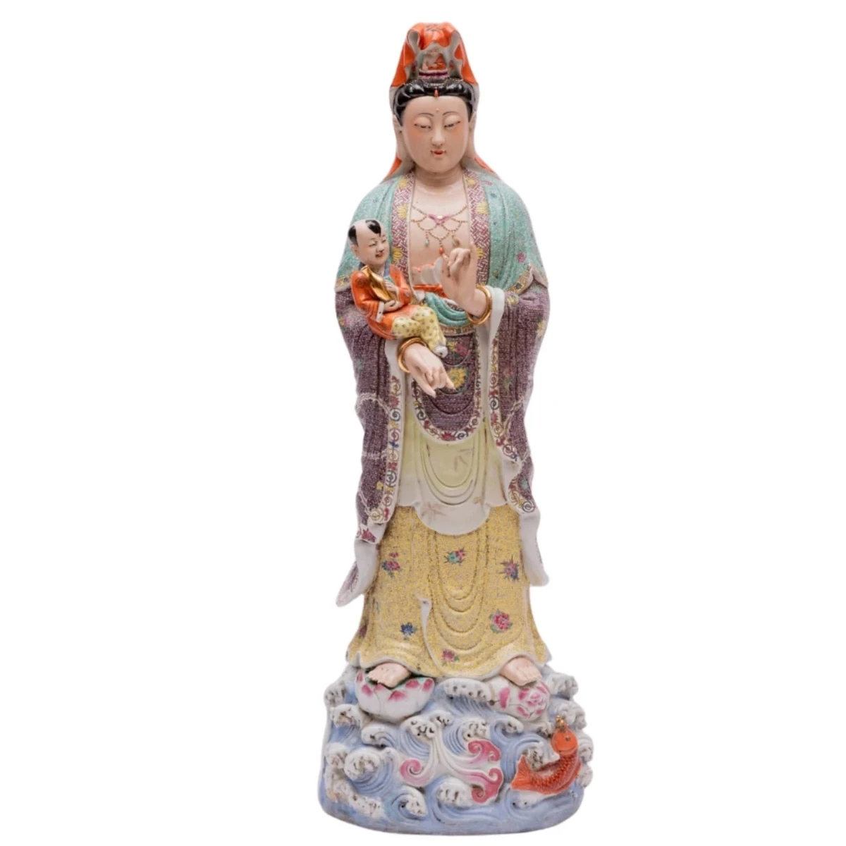 Chinese pink porcelain statue of the Guanyin and Sudan families